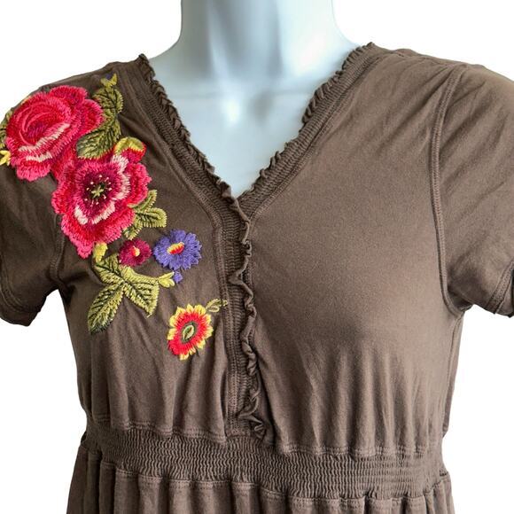 Johnny Was S brown Flora Embroidered Short Tiered‎ Dress - Picture 13 of 13